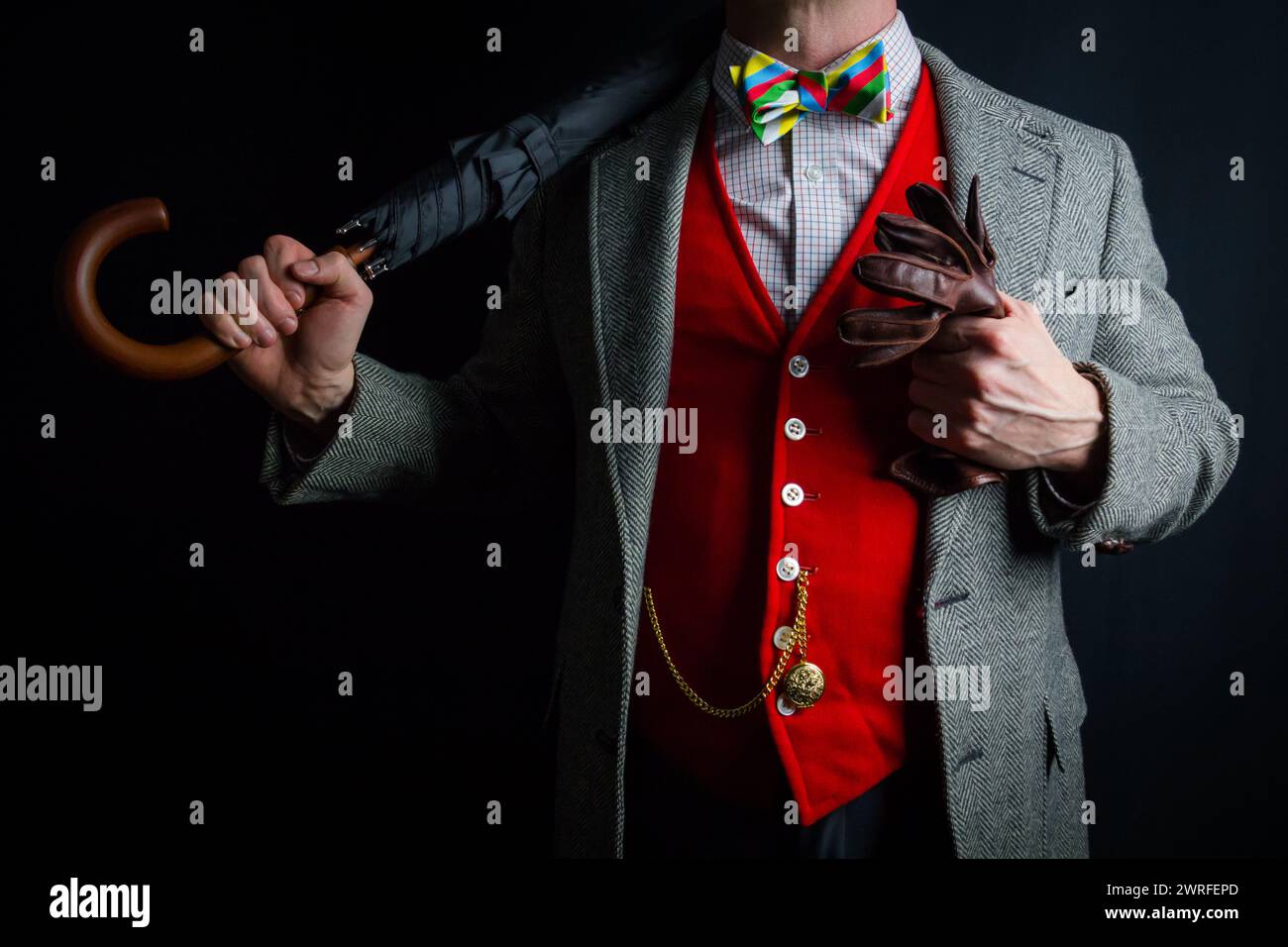 Porträt eines Gentleman im Tweed-Anzug und der roten Weste, die elegant stehen. Vintage-Style und Retro-Mode. Stockfoto