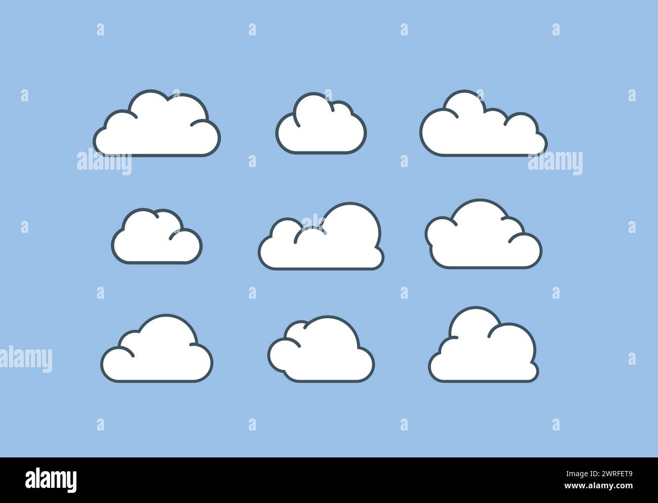 Satz von Wolkensymbolen in modernem, flachem Stil, isoliert auf blauem Hintergrund. Stock Vektor