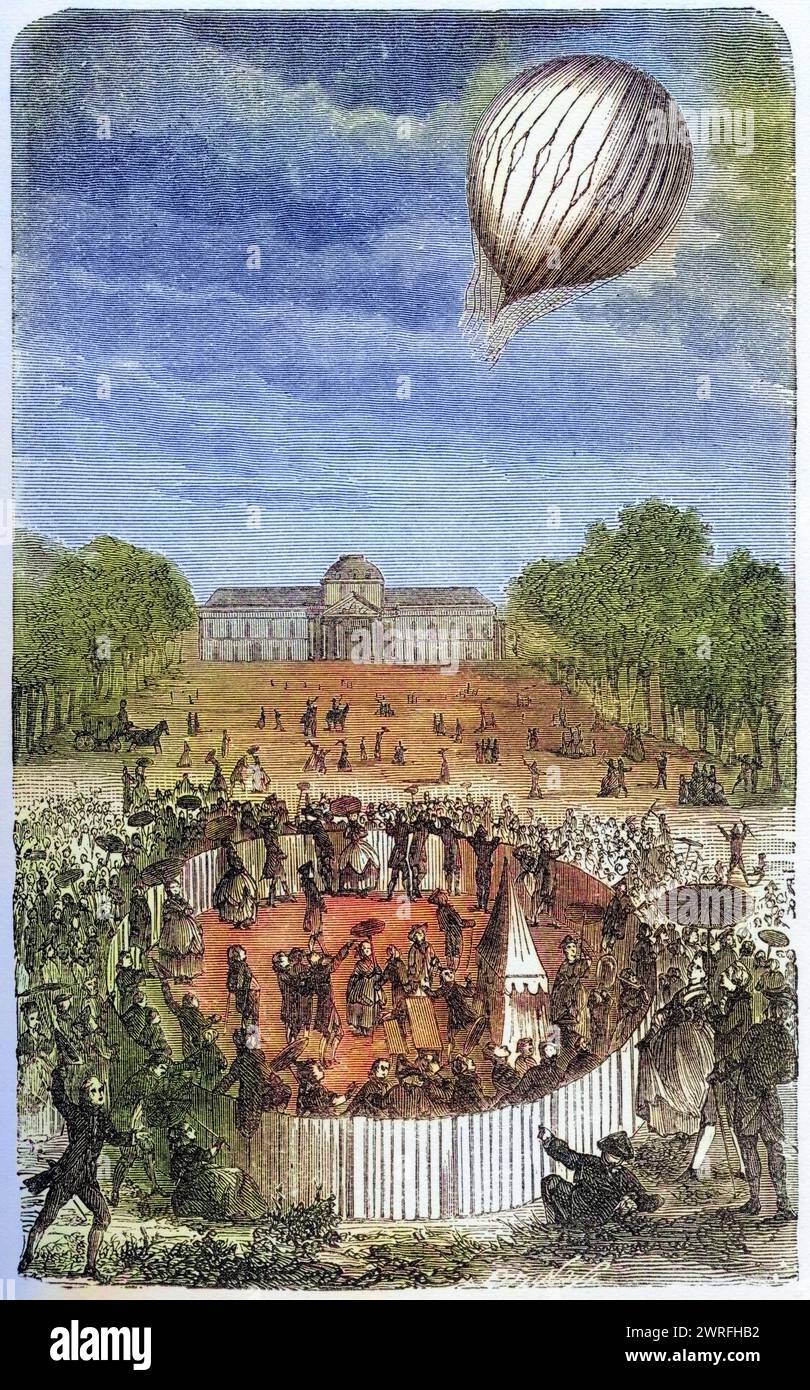 Aufstieg des Ballons Charles über dem Champ de Mars Paris Frankreich 27. August 1783 Jacques Alexandre Cesar Charles 1746 - 1823 Französischer Chemiker, Physiker und Luftfahrer / Aufstieg des Ballons Charles über dem Champ de Mars Paris Frankreich 27. August 1783 Jacques Alexandre Cesar Charles 1746 - 1823 französischer Chemiker Physiker und Aeronaut aus dem Buch Wonderdeful Balloon Ascents or the Conquest of the Sky erschienen um 1870, Historisch, digitale restaurierte Reproduktion von einer Vorlage aus dem 19. Jahrhundert, Datum nicht angegeben, Stockfoto