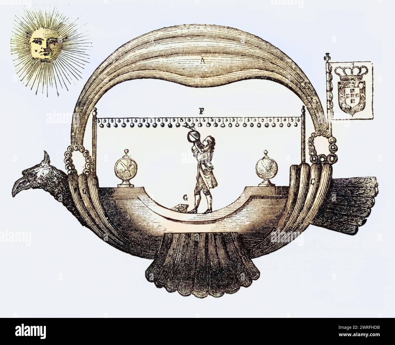 Der Ballon von Bartolome Lorenzo de Guzman 1709 / Bartolome Lorenzo de Guzman's Balloon 1709 aus dem Buch Wonderful Balloon Ascents or the Conquest of the Sky, erschienen um 1870, historisch, digital restaurierte Reproduktion von einer Vorlage aus dem 19. Jahrhundert, Datum nicht angegeben, Stockfoto