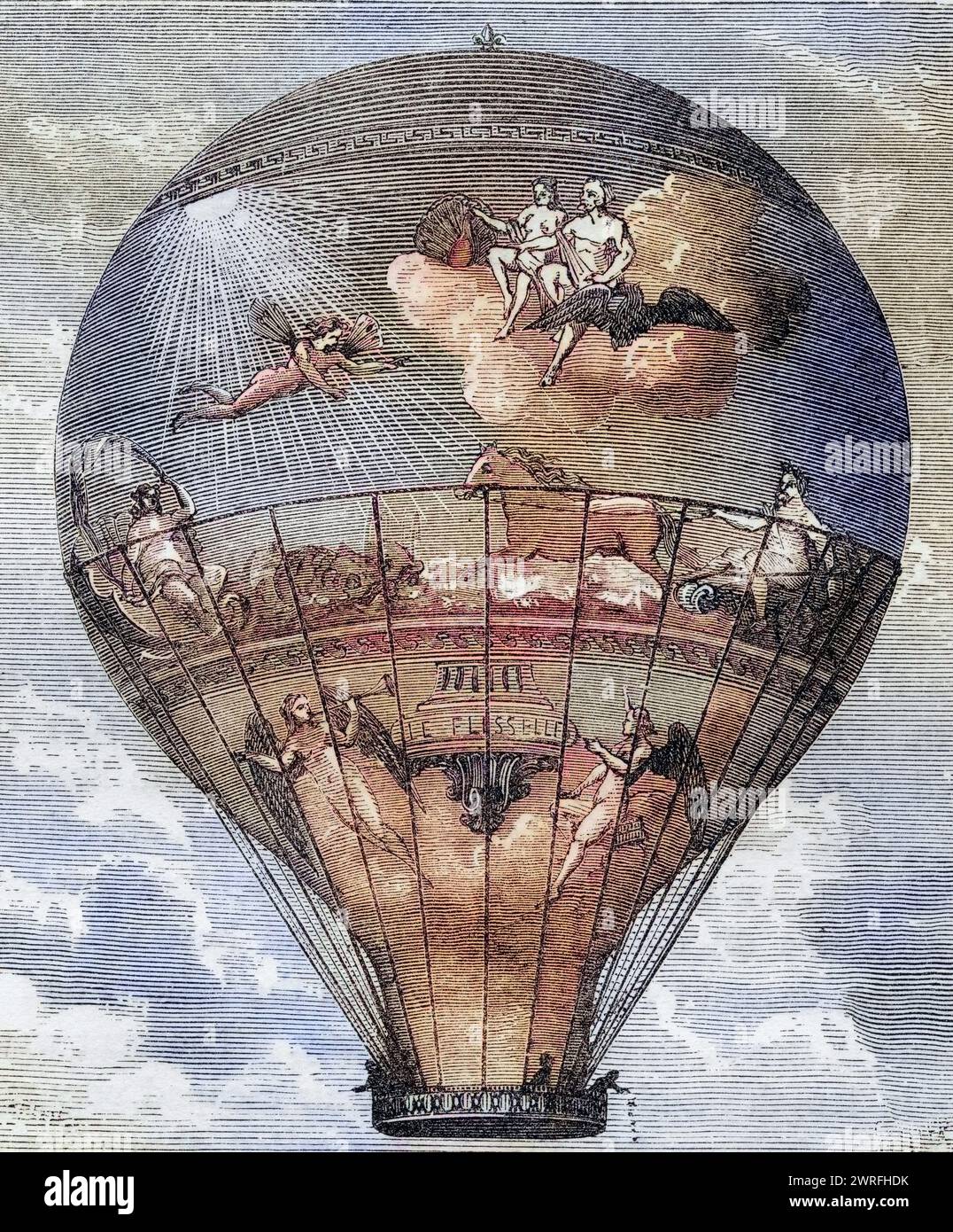 Le Flesselle Ballon der Gebrüder Montgolfier 1784 / Le Flesselle Ballon hergestellt von den Montgolfier Brothers 1784 aus dem Buch Wonderful Balloon Ascents or the Conquest of the Sky, erschienen um 1870, Historisch, digital restaurierte Reproduktion von einer Vorlage aus dem 19. Jahrhundert, Datum nicht angegeben, Stockfoto