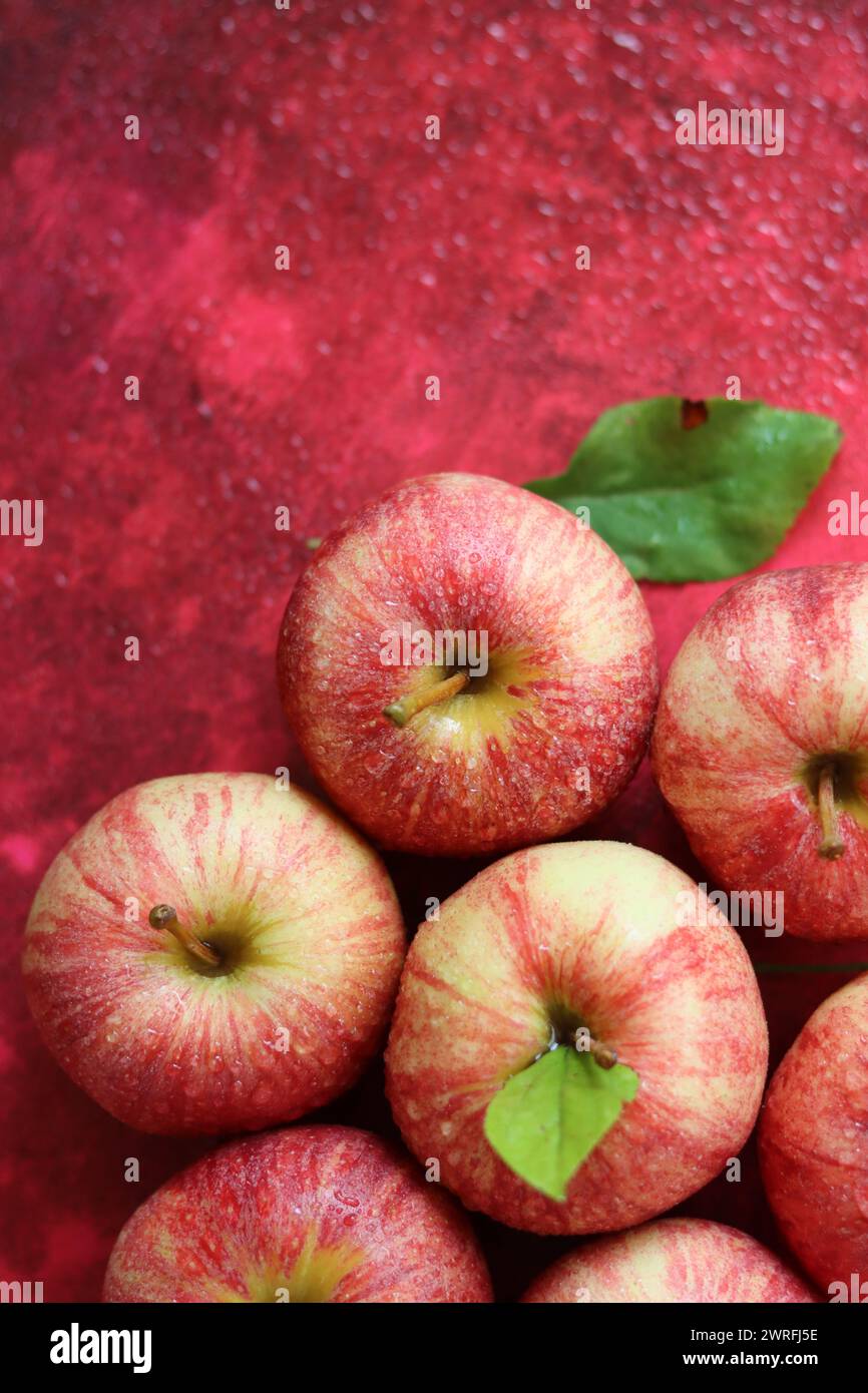 Rote Äpfel mit Blättern auf rotem Hintergrund. Draufsicht, flach Stockfoto