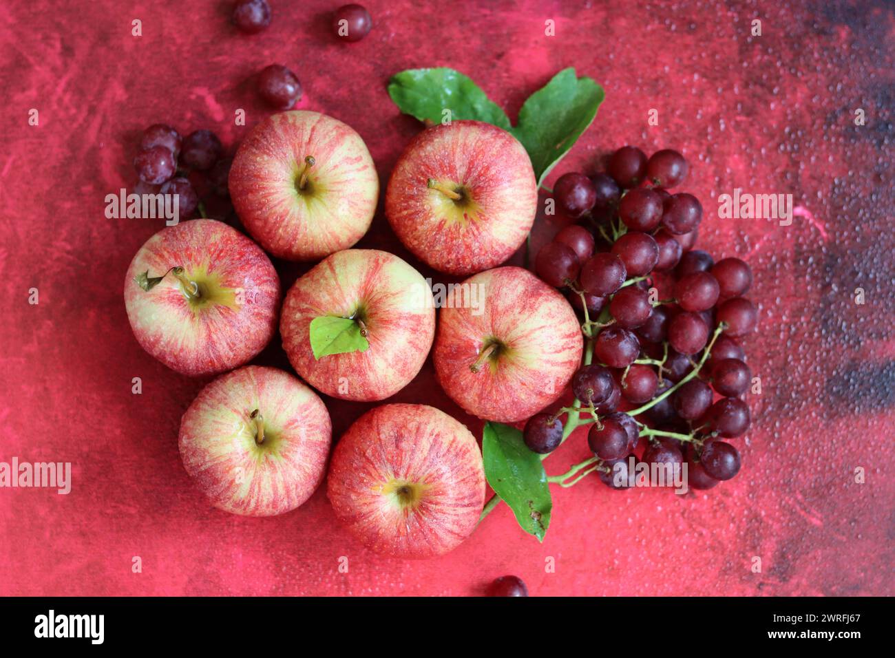 Stillleben im Herbst mit Reifen Äpfeln und Trauben auf einem rot strukturierten Hintergrund mit Platz für Text. Draufsicht. Stockfoto