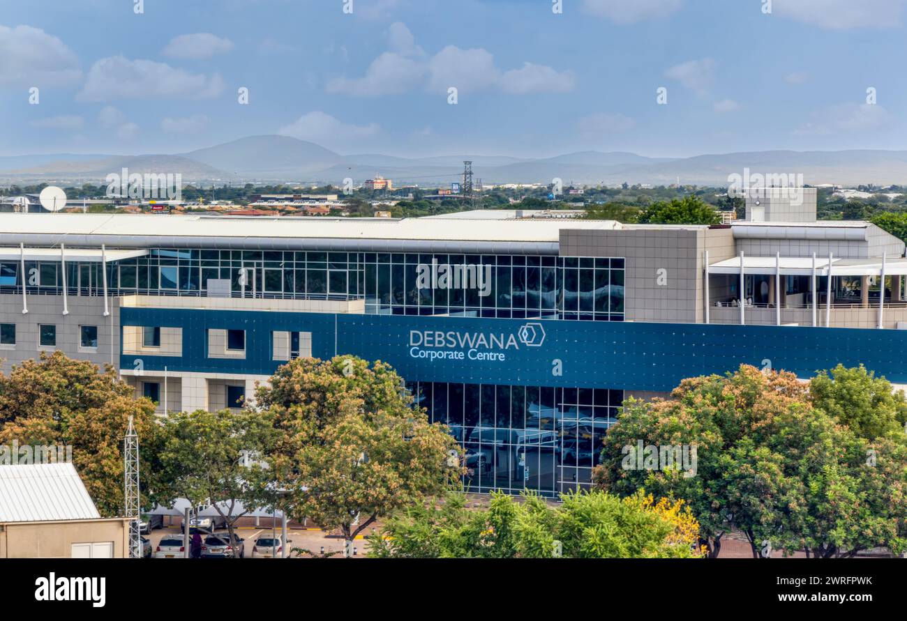 Gaborone, Botswana, 4,3.2024, Debswana Corporate Centre, Aerial View, das moderne Gebäude des Diamantenbergbauriesen in Zusammenarbeit mit Botswan Stockfoto