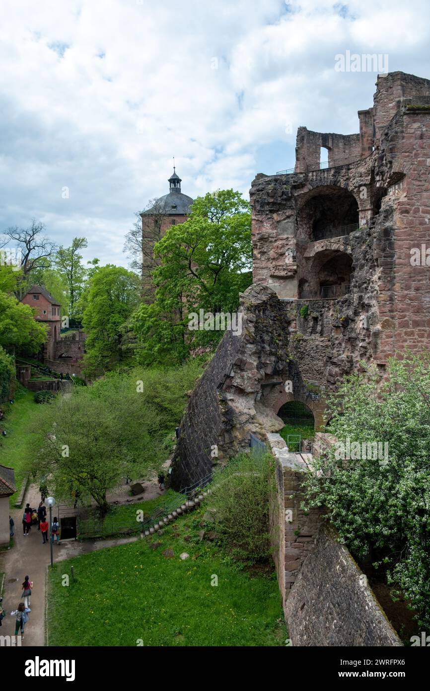 Schloss Heidelberg beliebtes Reiseziel Deutschland, Schloss in der Natur. Die Menschen bewundern die berühmten Ruinen der deutschen antiken mittelalterlichen Backsteinmauer. Vertikal Stockfoto