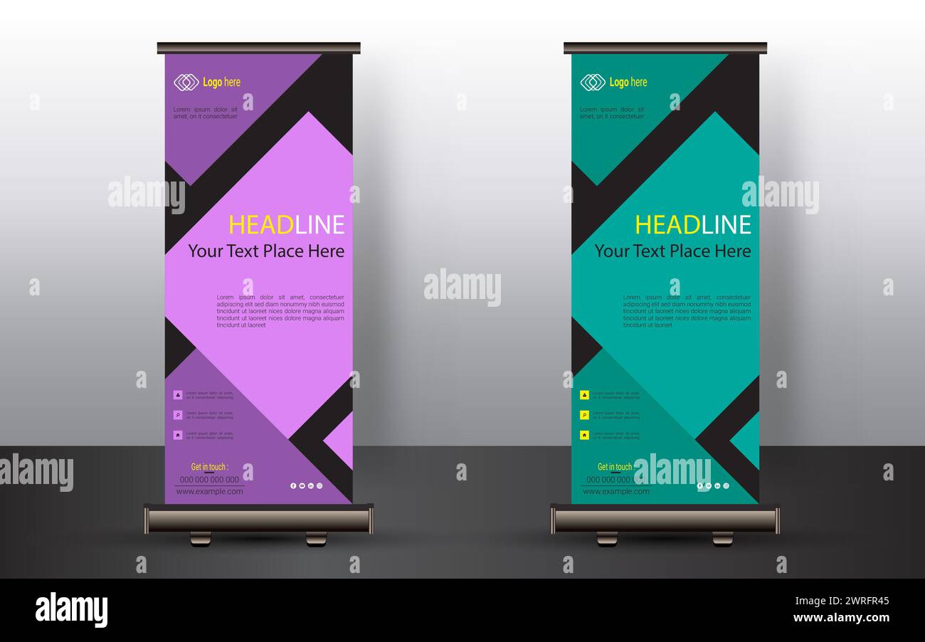 Professionelles Roll-up Banner, Standplakat oder Corporate Roll-up Banner Vorlage, Werbung, Pull-up, Polygon Hintergrund, Vektorillustration. Stock Vektor