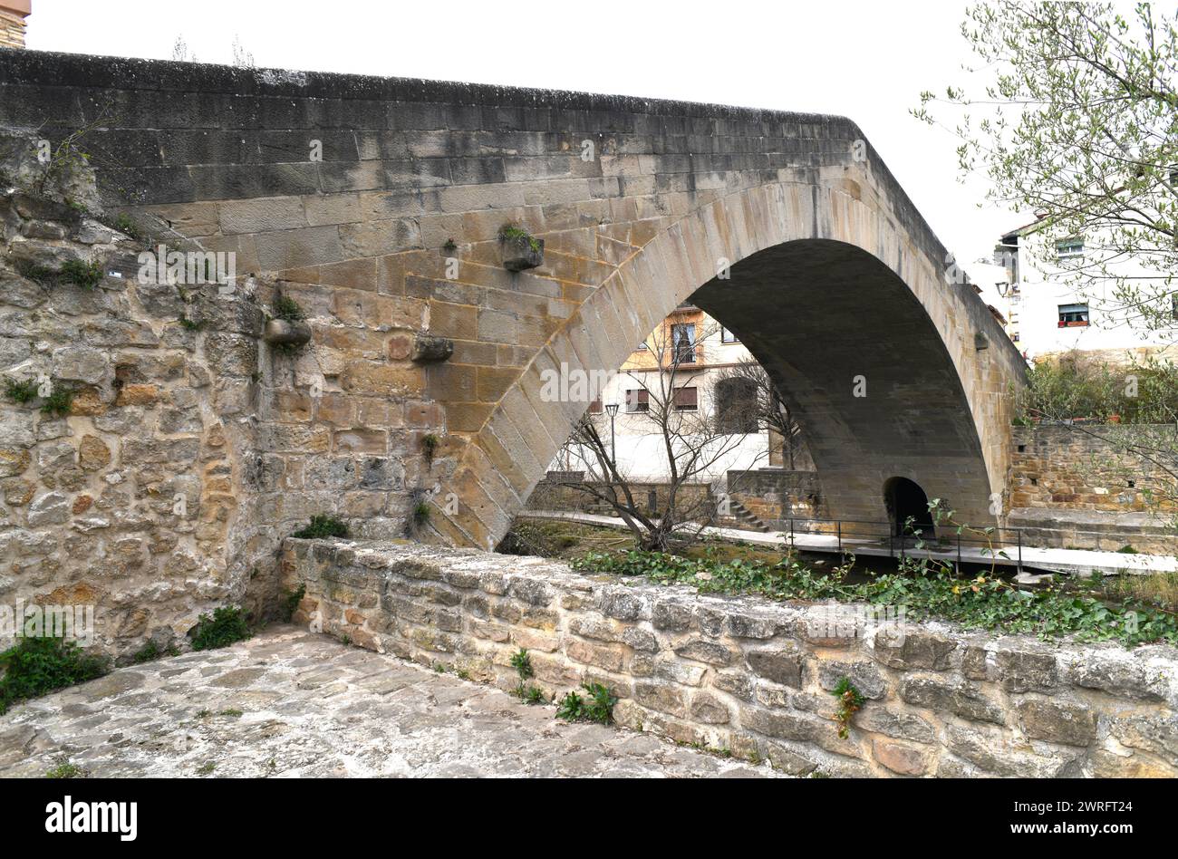 Estella oder Lizarra. Mittelalterliche Brücke (Puente Picudo), Original aus dem 12. Jahrhundert und im 19. Jahrhundert umgebaut. Comunidad Foral de Navarra, Spanien. Stockfoto