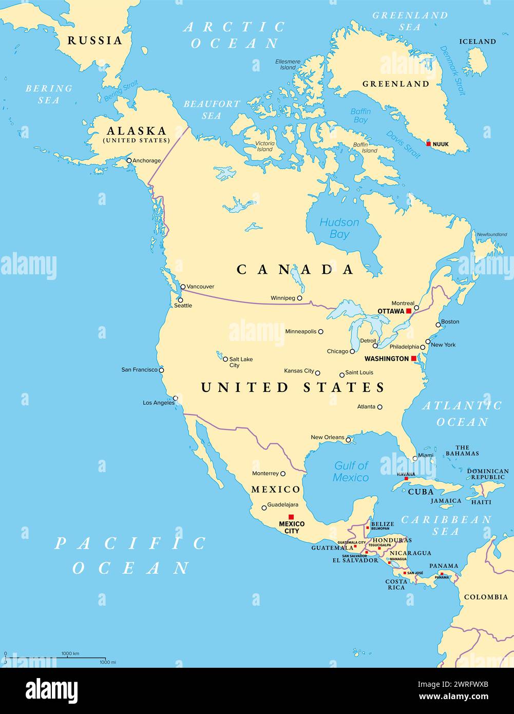 Nordamerika, politische Karte. Kontinent grenzt an Südamerika, das Karibische Meer und den Arktischen, Atlantischen und Pazifischen Ozean. Stockfoto