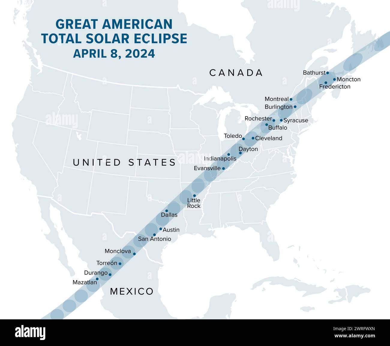 Great American Total Solar Eclipse, am 8. April 2024, politische Karte. Großstädte auf dem Weg der Totalität, sichtbar in ganz Nordamerika. Stockfoto