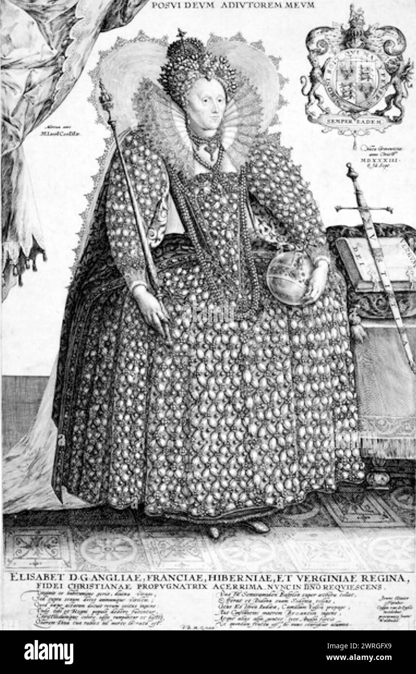 KÖNIGIN ELISABETH I. (1533-1603) in einem zeitgenössischen niederländischen Stich, Stockfoto