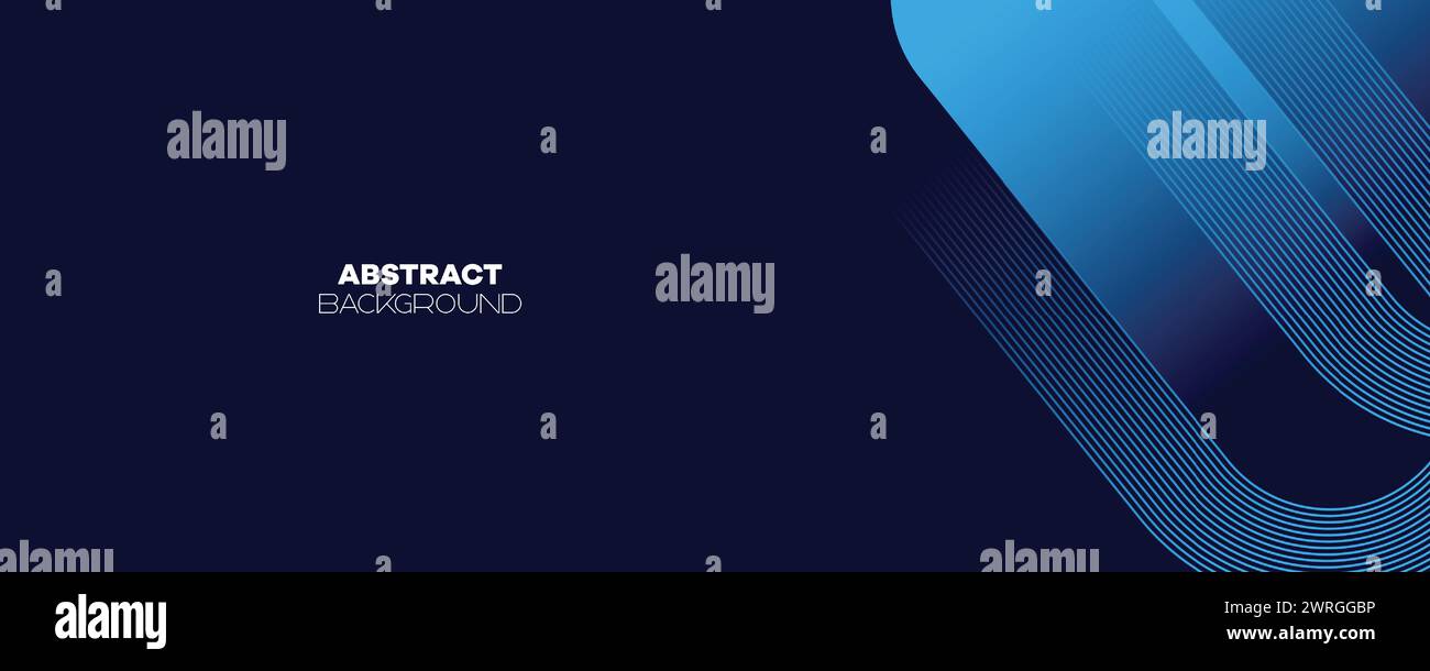 Abstraktes Dunkelblau wehende Kreise Linien Technologie Banner Hintergrund. Moderner Marineblau-Farbverlauf mit leuchtenden Linien, glänzende geometrische Diagonalform Stock Vektor