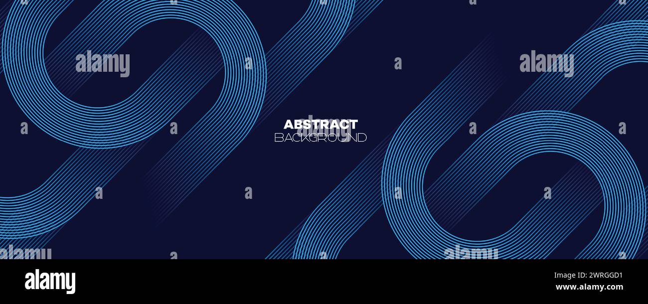 Abstraktes Dunkelblau wehende Kreise Linien Technologie Banner Hintergrund. Moderner Marineblau-Farbverlauf mit leuchtenden Linien, glänzende geometrische Diagonalform Stock Vektor