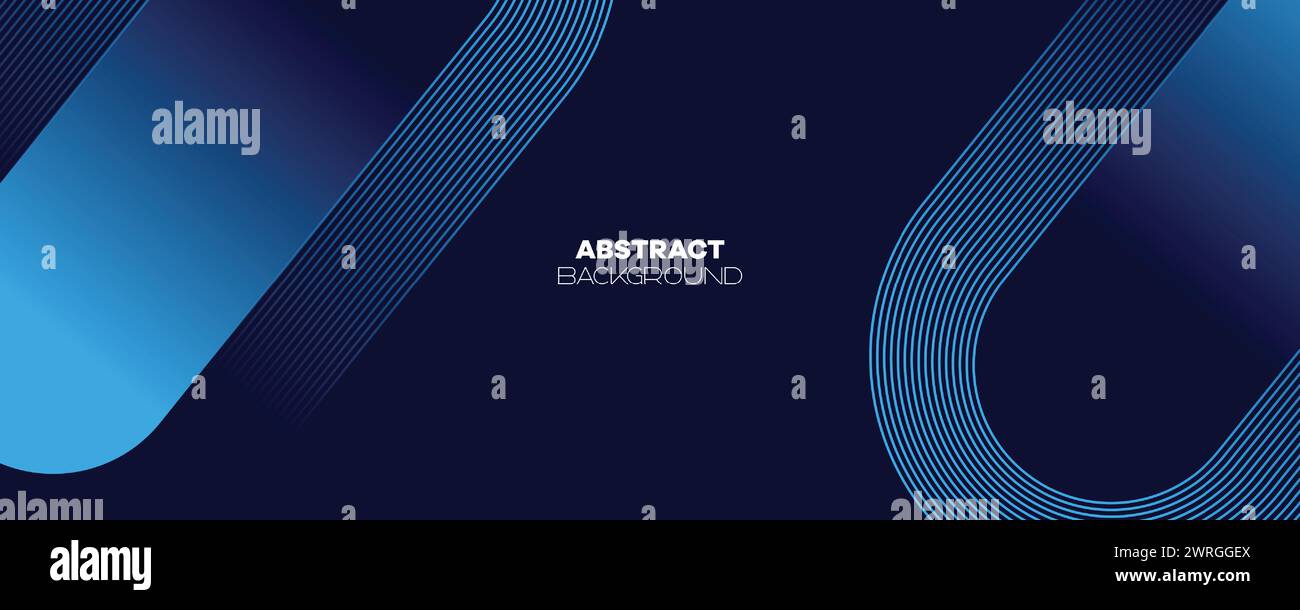 Abstraktes Dunkelblau wehende Kreise Linien Technologie Banner Hintergrund. Moderner Marineblau-Farbverlauf mit leuchtenden Linien, glänzende geometrische Diagonalform Stock Vektor