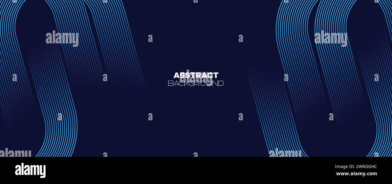 Abstraktes Dunkelblau wehende Kreise Linien Technologie Banner Hintergrund. Moderner Marineblau-Farbverlauf mit leuchtenden Linien, glänzende geometrische Diagonalform Stock Vektor