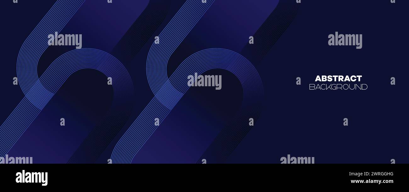 Abstraktes Dunkelblau wehende Kreise Linien Technologie Banner Hintergrund. Moderner Marineblau-Farbverlauf mit leuchtenden Linien, glänzende geometrische Diagonalform Stock Vektor
