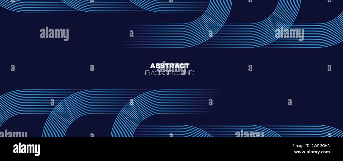 Abstraktes Dunkelblau wehende Kreise Linien Technologie Banner Hintergrund. Moderner Marineblau-Farbverlauf mit leuchtenden Linien, glänzende geometrische Diagonalform Stock Vektor