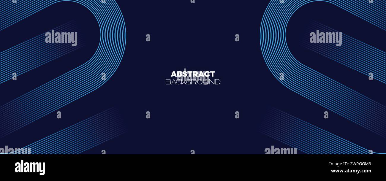 Abstraktes Dunkelblau wehende Kreise Linien Technologie Banner Hintergrund. Moderner Marineblau-Farbverlauf mit leuchtenden Linien, glänzende geometrische Diagonalform Stock Vektor