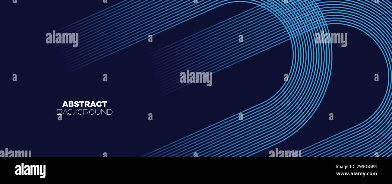 Abstraktes Dunkelblau wehende Kreise Linien Technologie Banner Hintergrund. Moderner Marineblau-Farbverlauf mit leuchtenden Linien, glänzende geometrische Diagonalform Stock Vektor