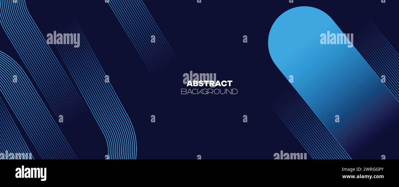 Abstraktes Dunkelblau wehende Kreise Linien Technologie Banner Hintergrund. Moderner Marineblau-Farbverlauf mit leuchtenden Linien, glänzende geometrische Diagonalform Stock Vektor
