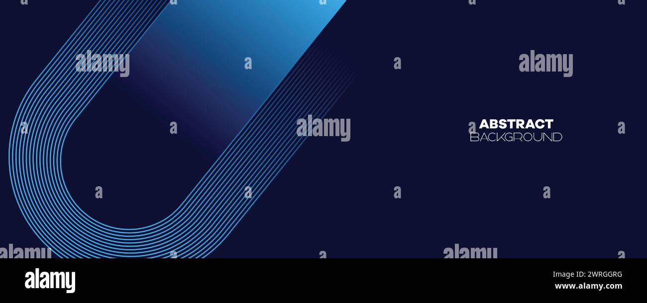 Abstraktes Dunkelblau wehende Kreise Linien Technologie Banner Hintergrund. Moderner Marineblau-Farbverlauf mit leuchtenden Linien, glänzende geometrische Diagonalform Stock Vektor