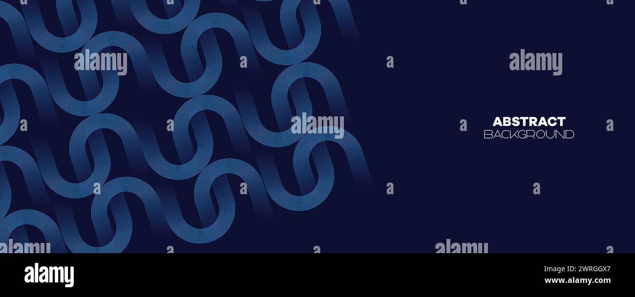 Abstraktes Dunkelblau wehende Kreise Linien Technologie Banner Hintergrund. Moderner Marineblau-Farbverlauf mit leuchtenden Linien, glänzende geometrische Diagonalform Stock Vektor