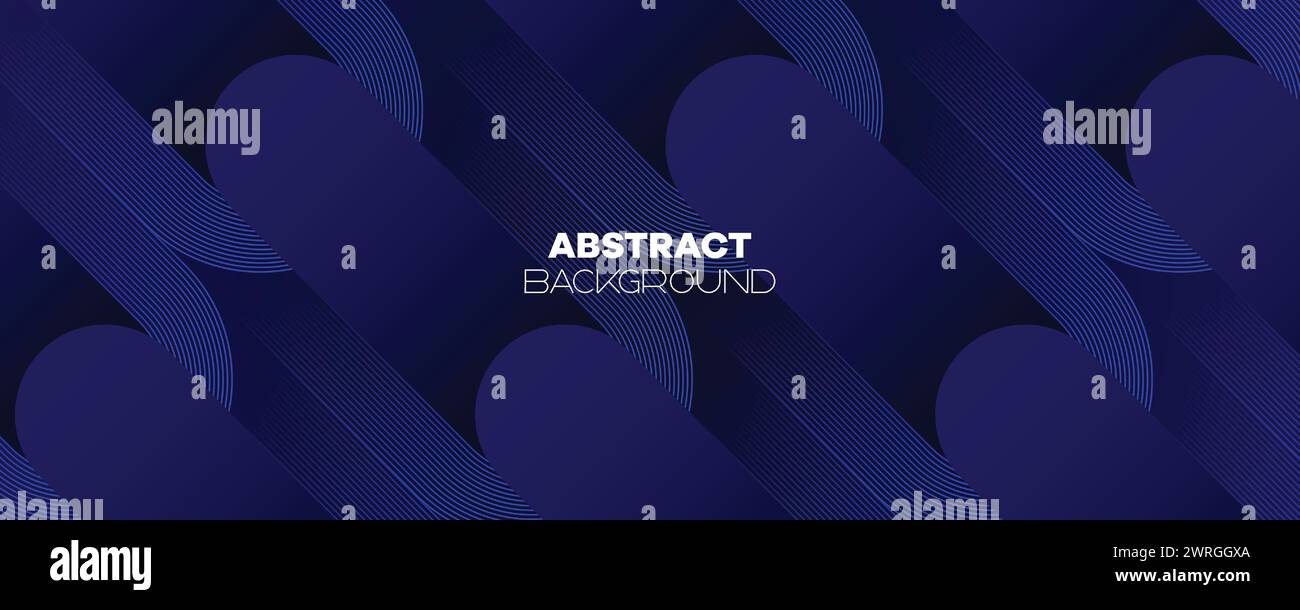 Abstraktes Dunkelblau wehende Kreise Linien Technologie Banner Hintergrund. Moderner Marineblau-Farbverlauf mit leuchtenden Linien, glänzende geometrische Diagonalform Stock Vektor
