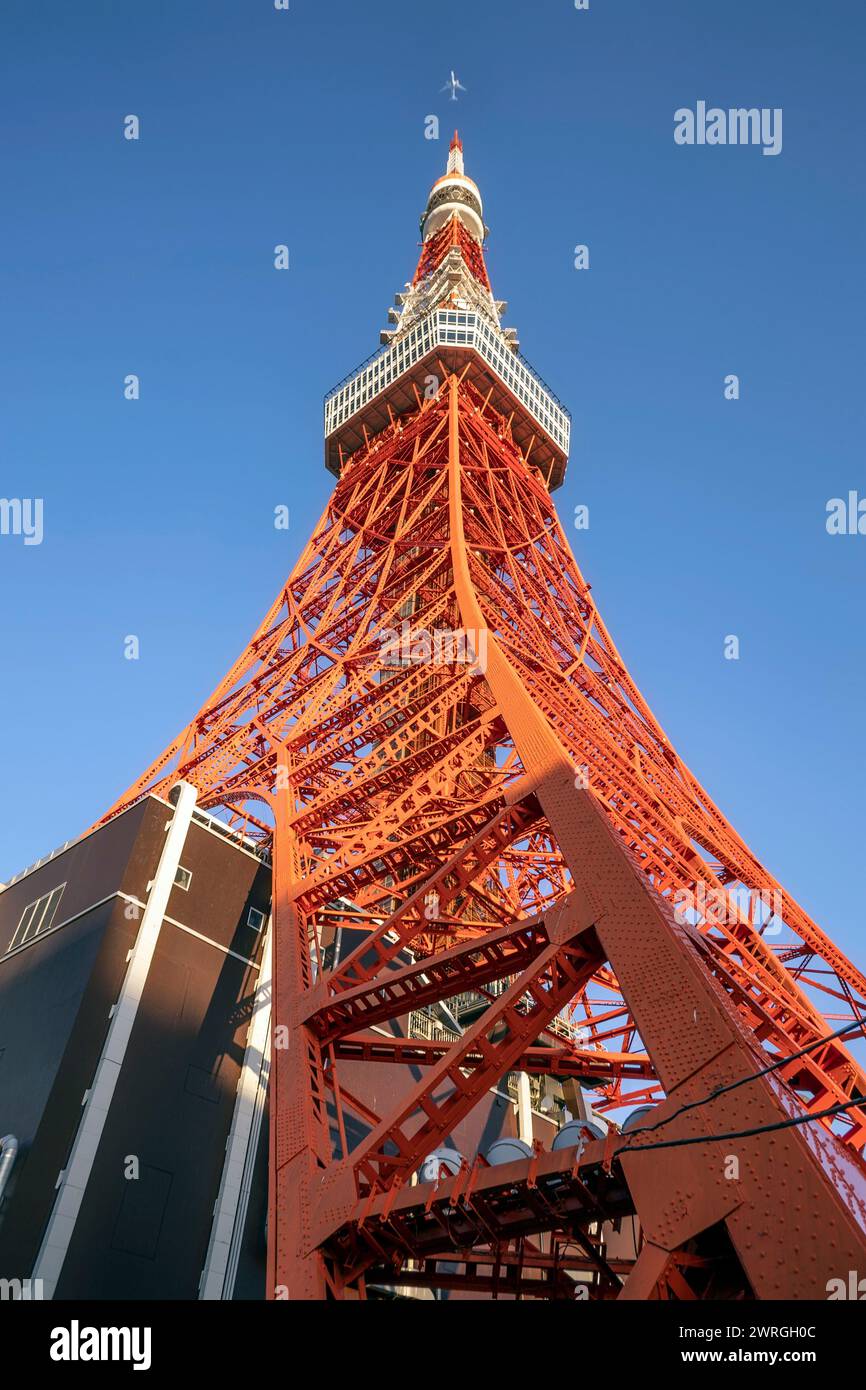 Flachwinkelansicht des Flugzeugs, das über den Tokyo Tower, Shiba-koen, Minato, Tokio, Honshu fliegt Japan Stockfoto