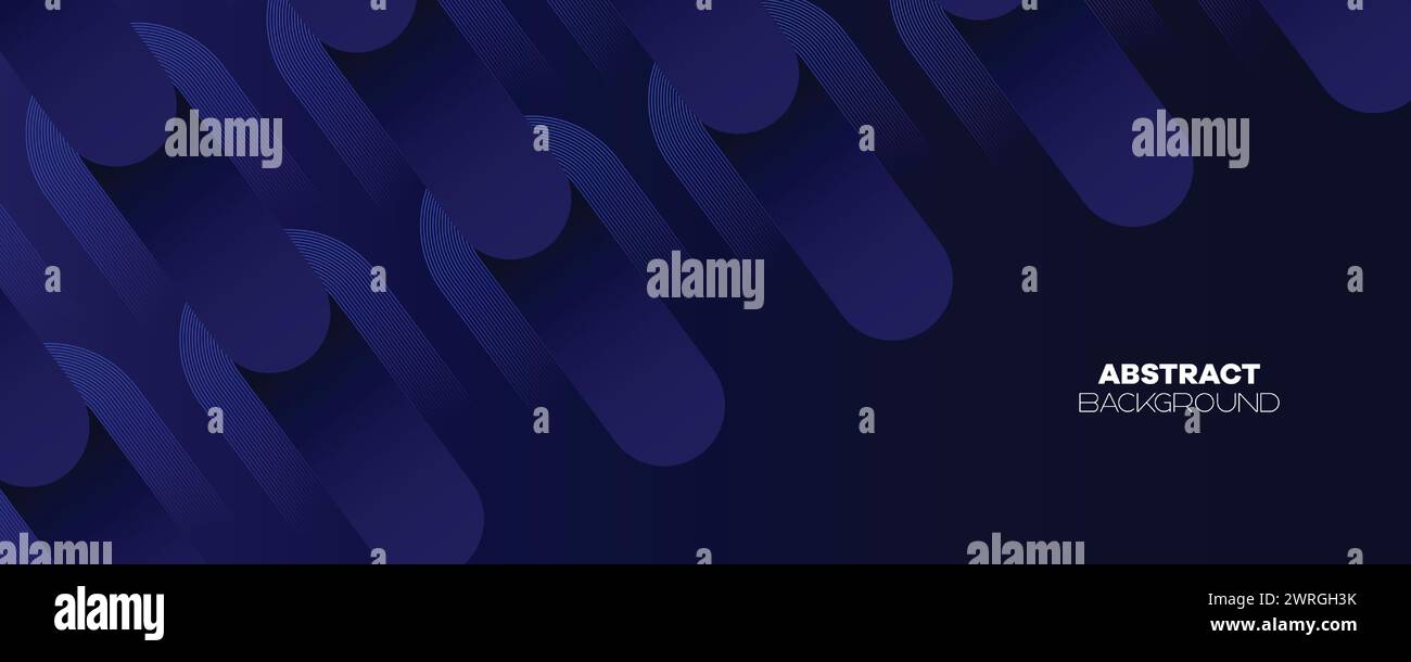 Abstraktes Dunkelblau wehende Kreise Linien Technologie Banner Hintergrund. Moderner Marineblau-Farbverlauf mit leuchtenden Linien, glänzende geometrische Diagonalform Stock Vektor