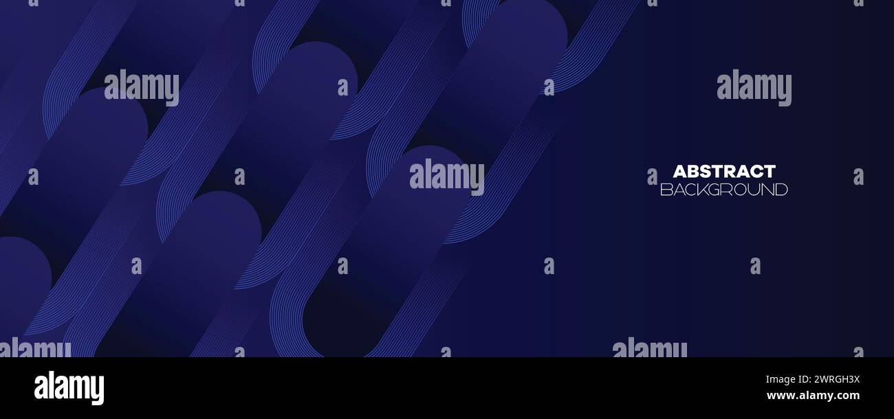 Abstraktes Dunkelblau wehende Kreise Linien Technologie Banner Hintergrund. Moderner Marineblau-Farbverlauf mit leuchtenden Linien, glänzende geometrische Diagonalform Stock Vektor