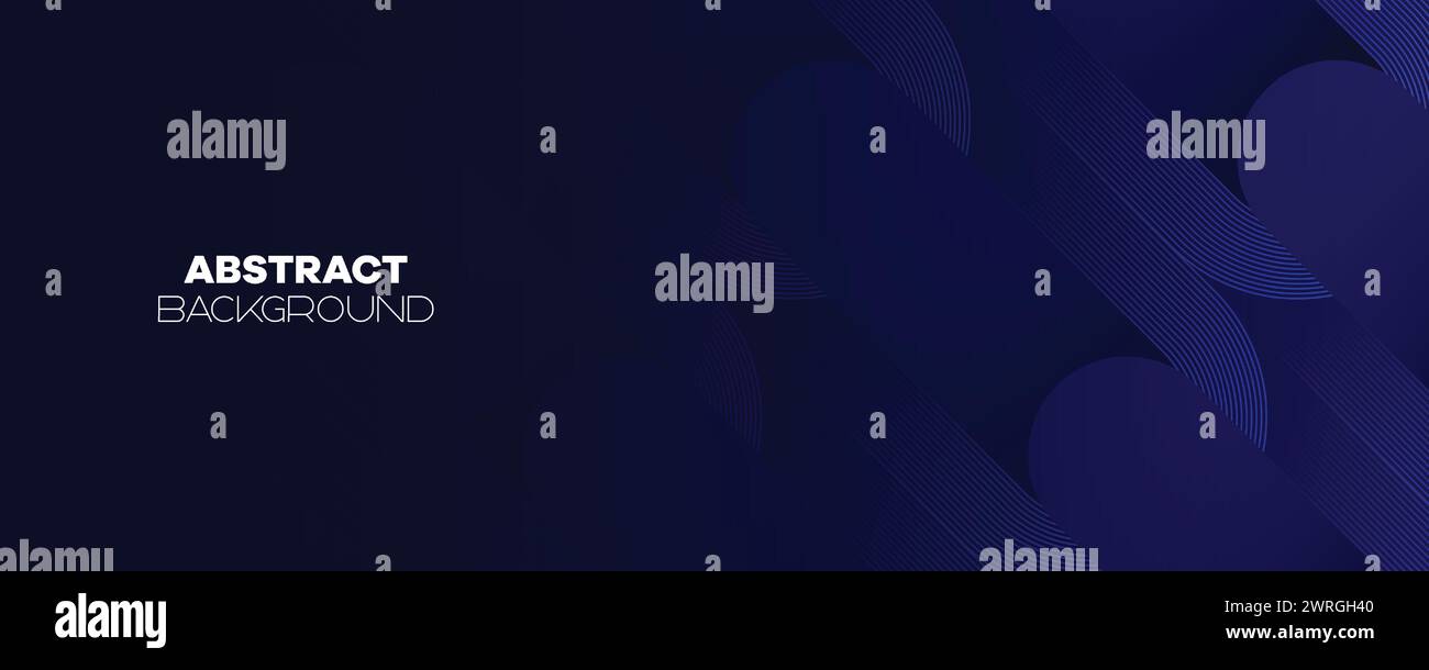 Abstraktes Dunkelblau wehende Kreise Linien Technologie Banner Hintergrund. Moderner Marineblau-Farbverlauf mit leuchtenden Linien, glänzende geometrische Diagonalform Stock Vektor