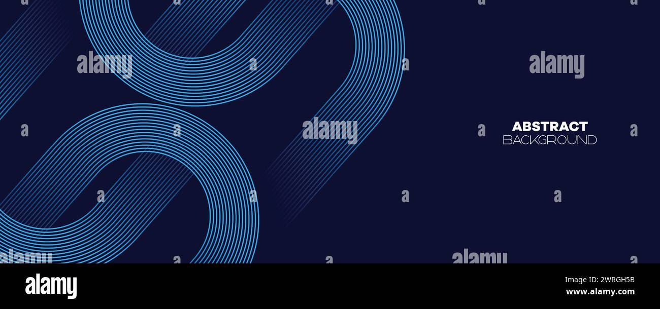 Abstraktes Dunkelblau wehende Kreise Linien Technologie Banner Hintergrund. Moderner Marineblau-Farbverlauf mit leuchtenden Linien, glänzende geometrische Diagonalform Stock Vektor