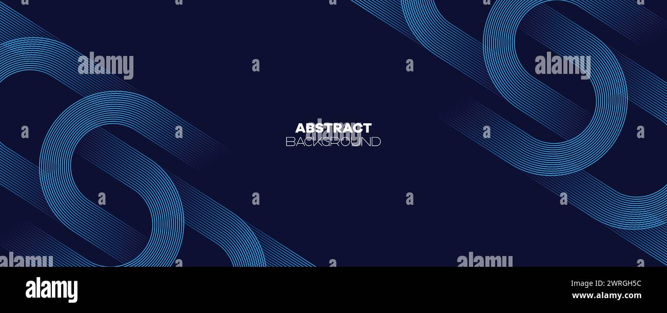 Abstraktes Dunkelblau wehende Kreise Linien Technologie Banner Hintergrund. Moderner Marineblau-Farbverlauf mit leuchtenden Linien, glänzende geometrische Diagonalform Stock Vektor