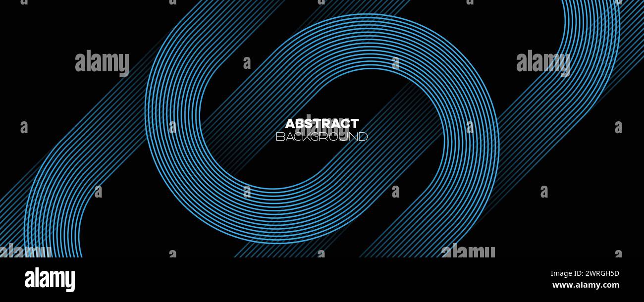 Abstraktes Dunkelblau wehende Kreise Linien Technologie Banner Hintergrund. Moderner Marineblau-Farbverlauf mit leuchtenden Linien, glänzende geometrische Diagonalform Stock Vektor