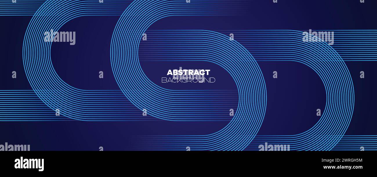 Abstraktes Dunkelblau wehende Kreise Linien Technologie Banner Hintergrund. Moderner Marineblau-Farbverlauf mit leuchtenden Linien, glänzende geometrische Diagonalform Stock Vektor