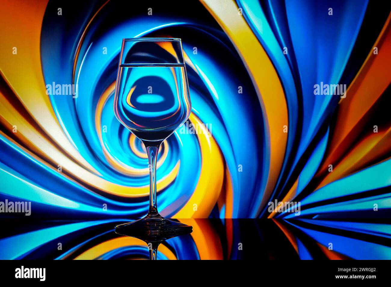 Nahaufnahme eines mit Wasser gefüllten Weinglases vor abstraktem Hintergrund Stockfoto