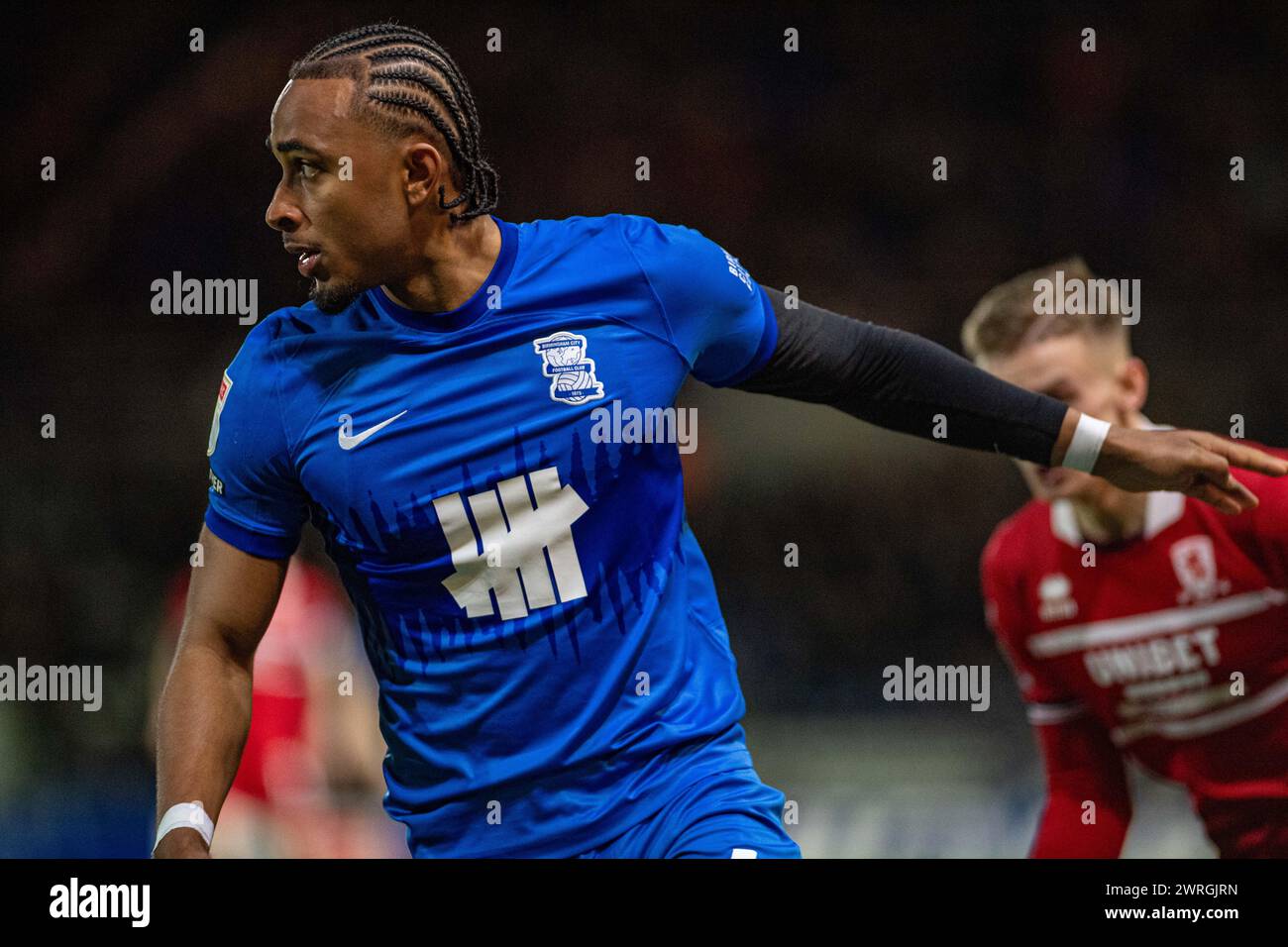 März 2024; St Andrews, Birmingham, West Midlands, England; EFL Championship Football, Birmingham City gegen Middlesbrough; Emanuel Aiwu aus Birmingham Stockfoto