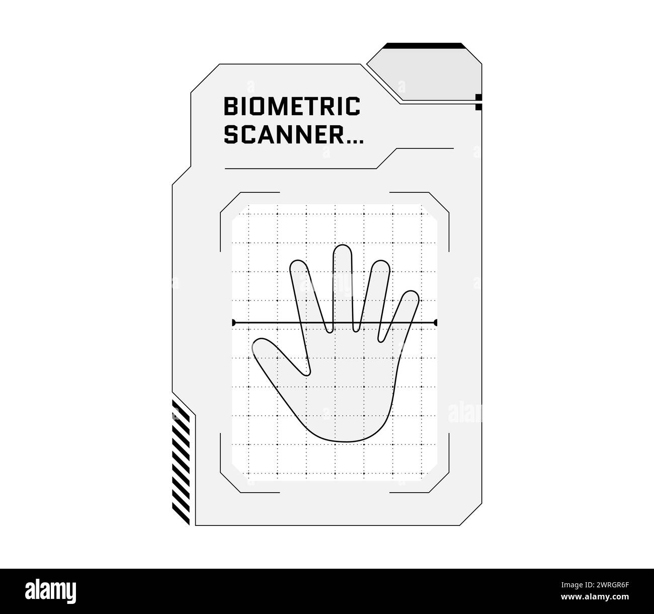 HUD Digital Futuristic User Palm Scan Interface Panel. SCI Fi High-Tech-Schutzkonsole. Gaming-Menü Hand biometrische ID-Erkennung. Überprüfung des Fingerabdrucks im Cyberspace. Identitätsprüfung. Eps Stock Vektor