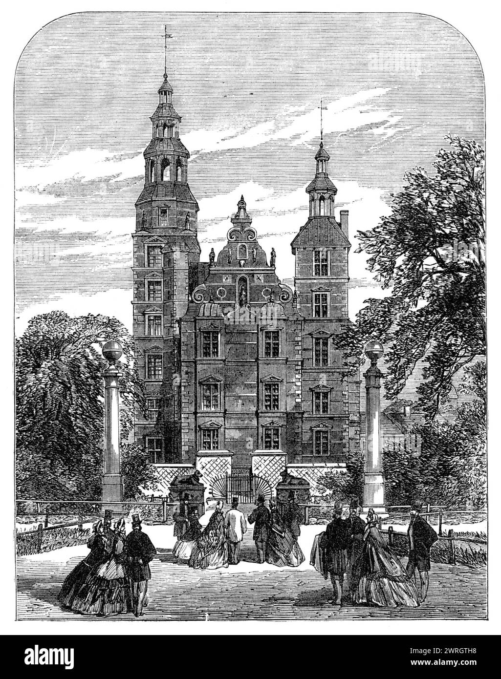 Der Prinz und die Prinzessin von Wales am Tor von Schloss Rosenborg, [Kopenhagen, Dänemark], 1864. Der spätere König Eduard VII. Und Königin Alexandra in Skandinavien. "Dieses Gebäude, das von König Christian IV. Erbaut wurde, wird durch einen Park oder einen öffentlichen Garten erreicht, und über eine Fußgängerbrücke, die einen Graben überquert, der einst die Burg umgab und ein wichtiges Element für ihre Verteidigung bildete. Das Gebäude ist im Stil der italienischen Renaissance, veredelt an der antiken Gotik Nordeuropas. Inigo Jones, der damalige Chefarchitekt des Königs, soll den Plan für Rosenborg' erstellt haben. Von " Stockfoto