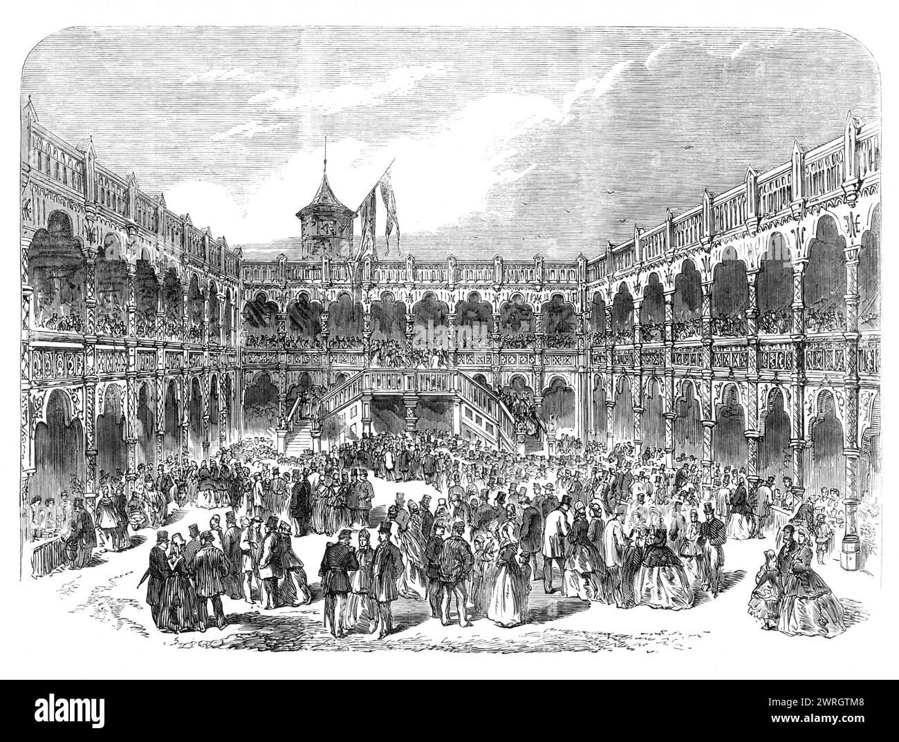 Großes Festival der Gemeinde und Königlichen Akademie Antwerpen: Vorübergehende Restaurierung der alten Börse während der Messe, 1864. „Die wichtigste aller Zeremonien, Shows und Unterhaltungsveranstaltungen... war eine Messe „nach dem Vorbild des 16. Und 17. Jahrhunderts“, die inmitten der Ruinen der alten Antwerpener Börse stattfand, die vor einigen Jahren durch Feuer zerstört wurde. Die wichtigsten architektonischen Merkmale dieses Gebäudes wurden vorläufig von M. Looymans restauriert, um die Wirkung seines Innenraums zu reproduzieren, wenn er von den Ständen der Handwerker besetzt wurde, mit einer Menge von Käufern oder spe Stockfoto