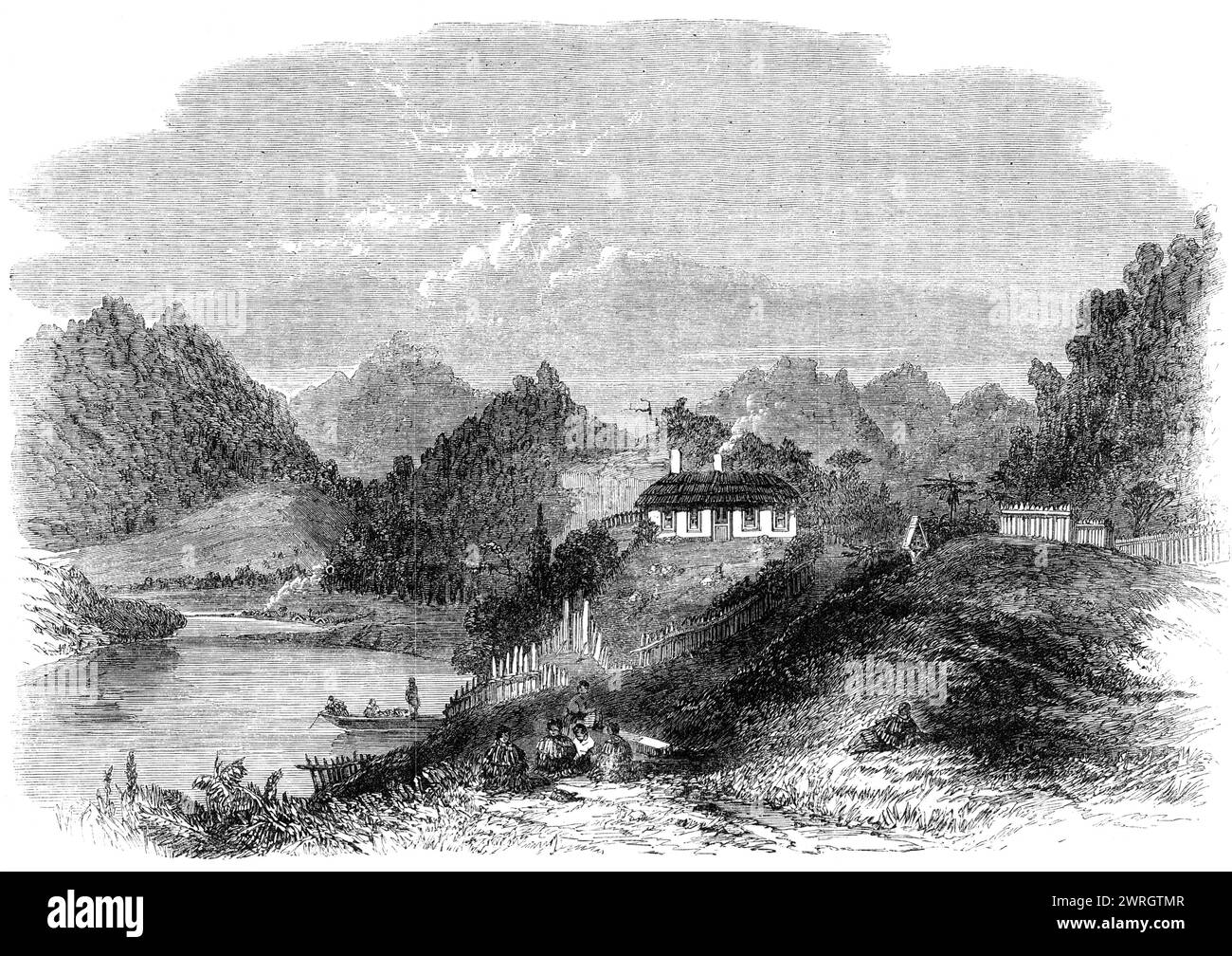 Missionsstation der Kirche am Waikato River, Neuseeland, 1864. Das Missionshaus Pepepe ist einer der malerischsten Orte am Fluss Waikato. Es liegt auf einem felsigen Hügel, der über dem breiten Fluss, nicht weit von seiner Kreuzung mit der Waipa, und ist von grünen, moosigen Hängen und Tälern von Baumfarnen umgeben, während dunkle und düstere Wälder die steilen Seiten der angrenzenden Hügel bedecken. In der Nähe des benachbarten Heimatdorfes befindet sich die Kirche, und weiter unten am Fluss befindet sich die pah des verstorbenen berühmten Häuptlings und Maori-Königs Te Whero-WHERO. Alle Ufer von Th Stockfoto