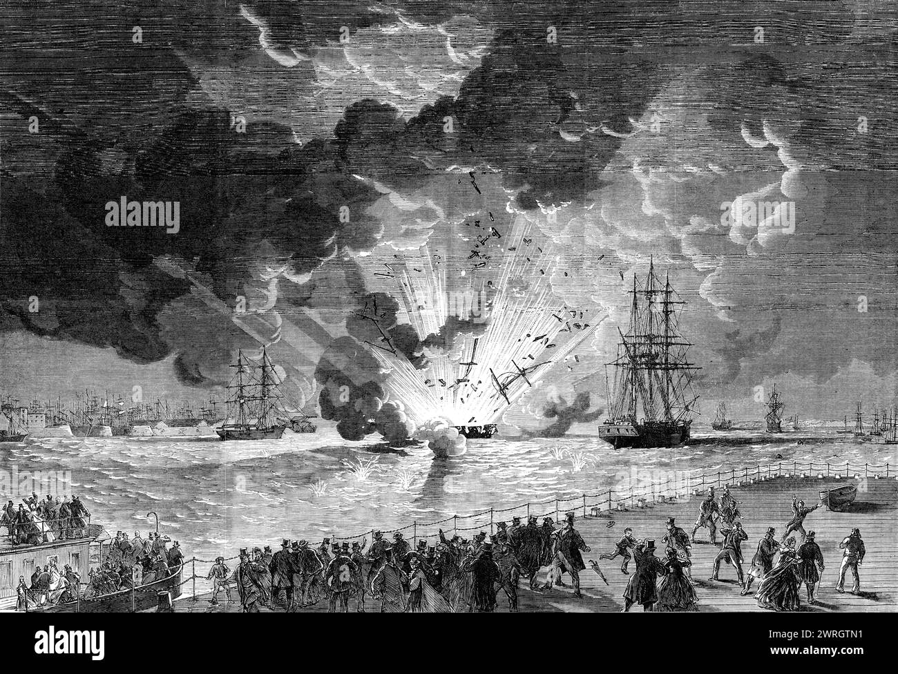 Explosion an Bord des Barque Lottie Schlittens, beladen mit Schießpulver, in der Mersey, gesehen von der Cheshire Seite, 1864. Gravur nach einer Skizze von Mr. Wood. "...der Lottie Schlitten mit 11&#xbd; Tonnen Schießpulver an Bord explodierte... dieses Schiff nahm Pulver von den Magazinbooten vor Tranmere auf, und hatte elf Tonnen verstaut, als gegen 18:00 Uhr, als der Steward in der Kabine war, die Lampen mit Paraffinöl zu beschneiden, ein Teil davon explodierte und die Bettvorhänge des Kapitäns entzündete... die Crew... wurde von der vorbeifahrenden Rock Ferry - Boat Wasp abgeholt... die Flammen hatten sich überall ausgebreitet Stockfoto