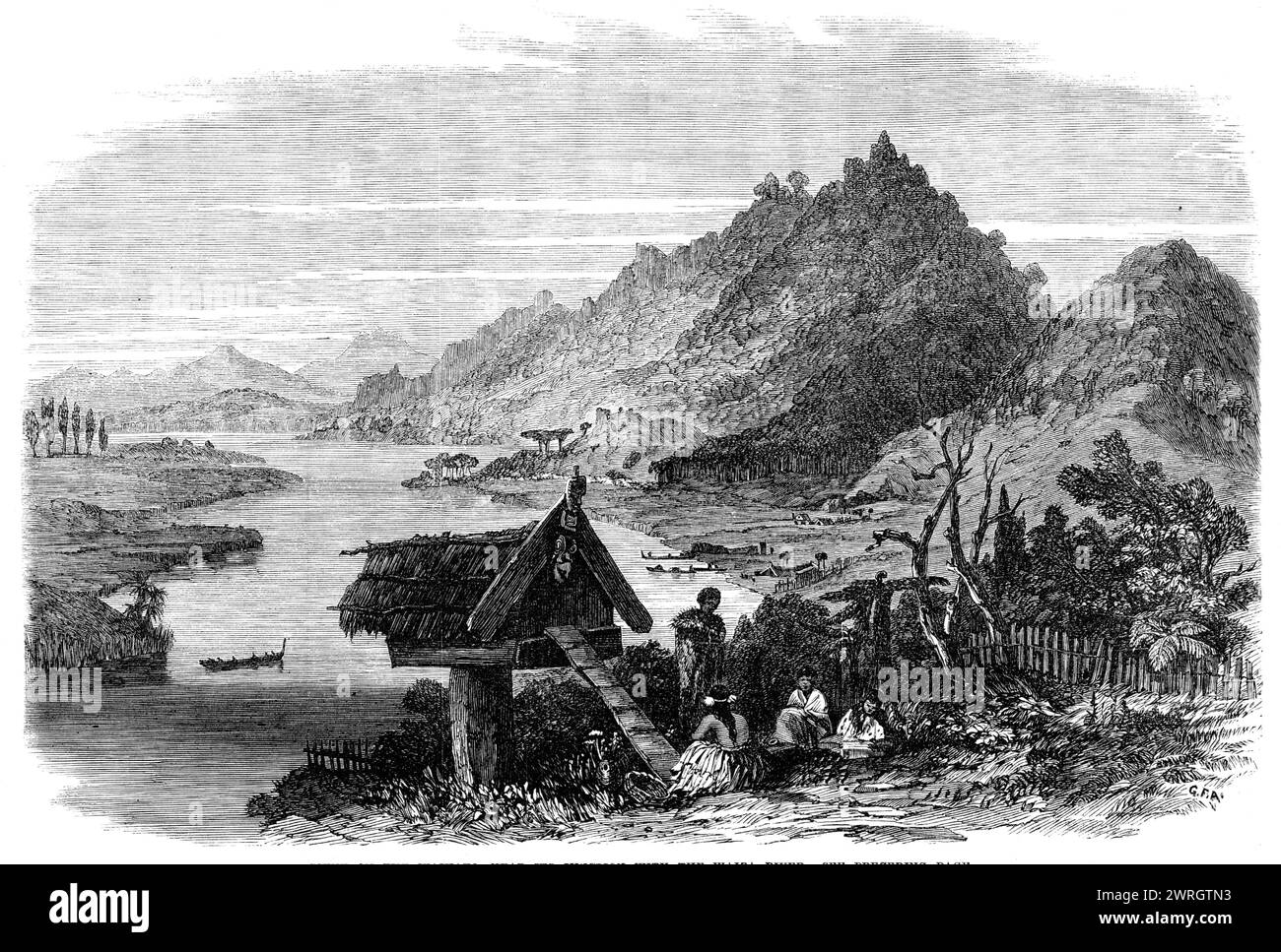 Skizzen aus Neuseeland: Szene am Waikato, nahe der Kreuzung mit dem Waipa River, 1864. Gravur aus einer Zeichnung, die vor Ort von Mr. G. P. Angas gemacht wurde und die malerische Landschaft auf dem Waikato darstellt, nahe seiner Kreuzung mit dem Waipa River. Der Waikato ist breit und tief und fließt majestätisch zwischen Schwemmebenen mit reichstem Boden, die rechts von der hohen Taupiri begrenzt werden. In der Ferne sind die Berge von Perongia, nahe Kawhia, an der Westküste zu sehen. Das Dorf am Flussufer heißt Wakaaepa, und der Bezirk um den Fluss herum ist seit langem berühmt Stockfoto