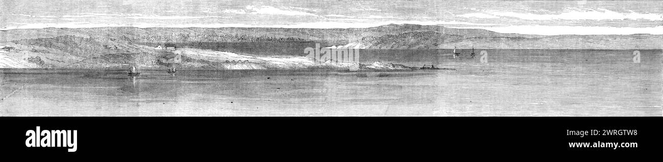 Der Krieg in Dänemark: Der kleine Gürtel und die Küste von Jütland, von der Insel Fünen aus gesehen, 1864. "Stadt Fredericia, österreichische Vierkanonenbatterie, Strib... die wahrscheinliche Beendigung des Krieges zwischen Deutschland und Dänemark hat dem Gegenstand unserer heutigen Mitteilung einen Großteil seiner militärischen Bedeutung entnommen. Einige Wochen nach dem Fall von D&#xfc;ppel und da die Londoner Konferenz den Kampf nicht beenden konnte, wurde erwartet, dass die österreichisch-preußische Armee, die bereits in Besitz der Festung Fredericia auf dem Kleinen Gürtel war, versuchen würde, diese Meerenge zu überqueren Stockfoto