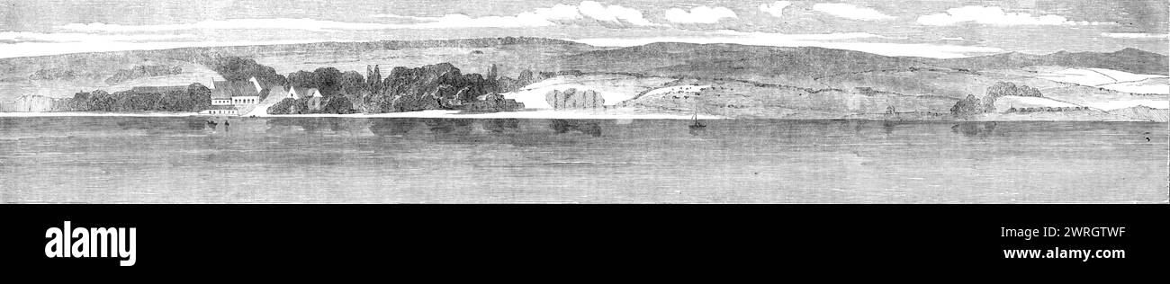 Der Krieg in Dänemark: Der kleine Gürtel und die Küste von Jütland, von der Insel Fünen aus gesehen, 1864. „Snoghoi [?] Fähre, Hauptquartier des österreichischen Generals; österreichische Achtkanonenbatterie... die wahrscheinliche Beendigung des Krieges zwischen Deutschland und Dänemark hat dem Gegenstand unserer heutigen Mitteilung ein gutes Stück von seiner militärischen Bedeutung genommen. Einige Wochen nach dem Fall von D&#xfc;ppel und da die Londoner Konferenz den Kampf nicht beenden konnte, wurde erwartet, dass die österreichisch-preußische Armee, die bereits den Besitz der Festung Fredericia auf dem Kleinen Gürtel erlangt hatte, wou Stockfoto
