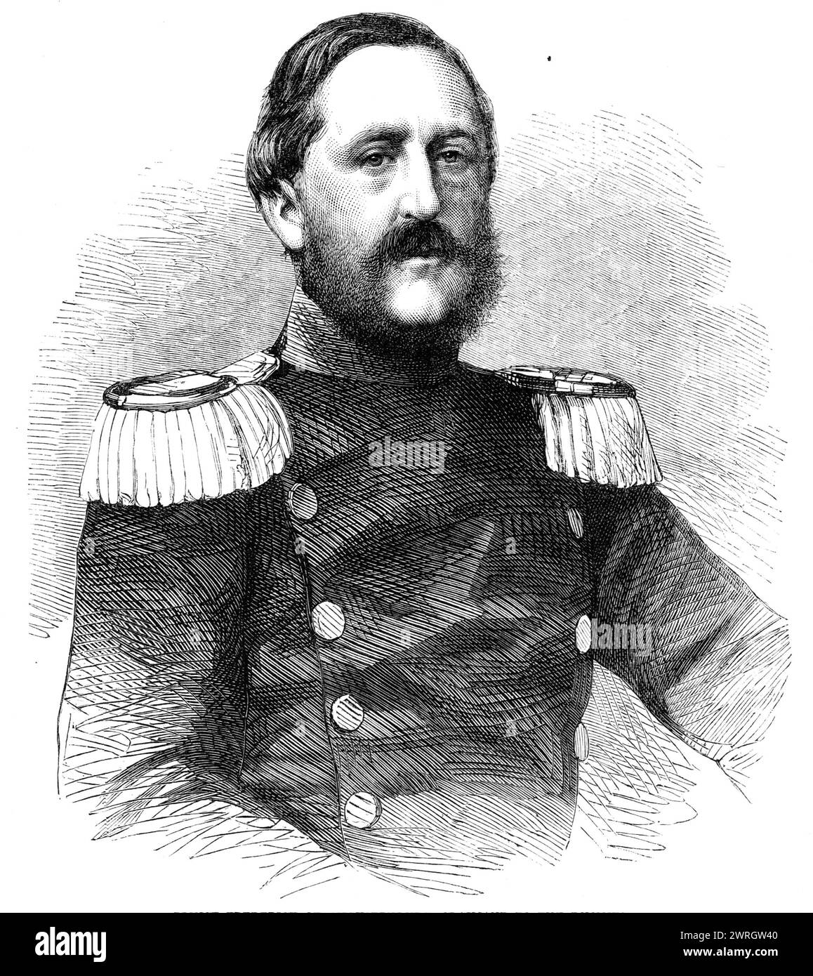 Der Schleswig-Holstein-Schwierigkeitsgrad: Prinz Friedrich von Augustenburg, Anspruchsteller der Herzogtümer, 1864. Porträt von Prinz Friedrich Christian Augustus, erblicher Fürst von Schleswig-Holstein-Sonderburg Augustenburg, nach einigen der Anführer, aber nach Meinung anderer der rechtmäßige Besitzer des Herzogtums Schleswig-Holstein... das Haus Hohenlohe-Langenburg gehört zu den „mediatisierten“ Familien Deutschlands. Prinz Friedrich ist ein Major im preußischen Dienst. Es gibt wenig oder nichts über diesen Prinzen, der plötzlich wie eine Rakete auf den Blick des Wo geplatzt ist Stockfoto