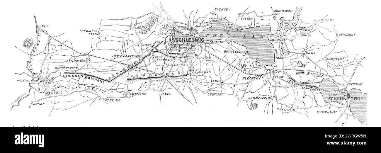 Das Dannewerk, der Kur-Graben und der East Rampart nach einem Plan von Oberstleutnant W. Dreyer, aufgenommen 1860, 1864. "Anhand der beigefügten Karte wird festgestellt, daß die East Rampart so angeordnet ist, daß alle sich nähernden Truppen in Richtung des großen Sees, der vom Fluss Schley gebildet wird, getrieben werden. die hier so breit und von Forts so gut geschützt ist, dass es für jede Armee unnötig wäre, zu diesem Zeitpunkt das Wasser zu überqueren: während sich am engeren Teil des Mysund, am gegenüberliegenden Ufer, die große Margrethen-Mauer, wie sie genannt wird, befindet, an der die gesamte Bevölkerung von Denm liegt Stockfoto