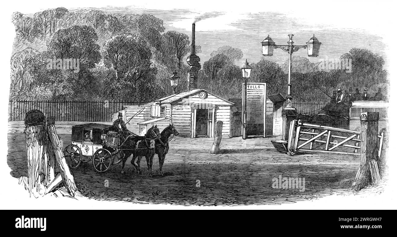 Turnpike-Tore in und in der Nähe von London wurden gerade abgerissen: Kensington Gate, 1864. "Diese Woche wurde Zeuge der Abschaffung der Mautbeschränkungen auf 50 Meilen Straße in und um London auf der Middlesex-Seite der Themse. Vor vielen Jahren begann die Agitation für ihre Absetzung, und die Illustrated London News haben dann die Vorreiterrolle übernommen, um diese wichtige Frage der sozialen und wirtschaftlichen Reform zu befürworten. Deshalb haben wir es für sinnvoll gehalten, Skizzen einiger der Zolltore zu gravieren, die jedem Londoner so vertraut waren und die teilweise im L verschwunden sind Stockfoto