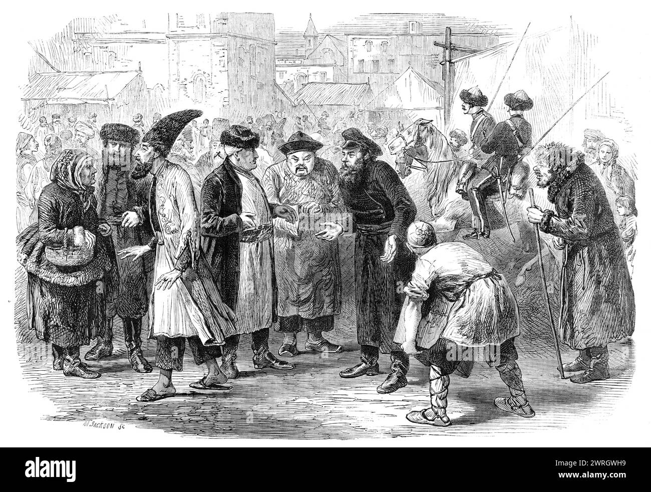 Eine Gruppe auf der Großen Jahresmesse in Nijni Nowgorod, Zentralrussland, 1864. In der Mitte ist ein wichtiger Tartarenhändler, der es leid ist, eine halbe Stunde um den Busch zu schlagen, und versucht, seine Verhandlungen zu einem Abschluss zu bringen; aber er wird in seinem lobenswerten Versuch von einem gerissenen, bärtigen, Tee trinkenden russischen Kaufmann vereitelt... ein armenischer, aristokratischer und dünner armenischer Mann, der sich abzieht, sein ehrliches Gewissen verbietet ihm, an solchen Betrügereien teilzunehmen. Auch Chinesen werden unter den bunten Menschenmengen in Nijni gesehen... der Stout Bursche, der gerade ein Paket hockt, ist einer der gewöhnlichen Tataren, die das meiste tun Stockfoto