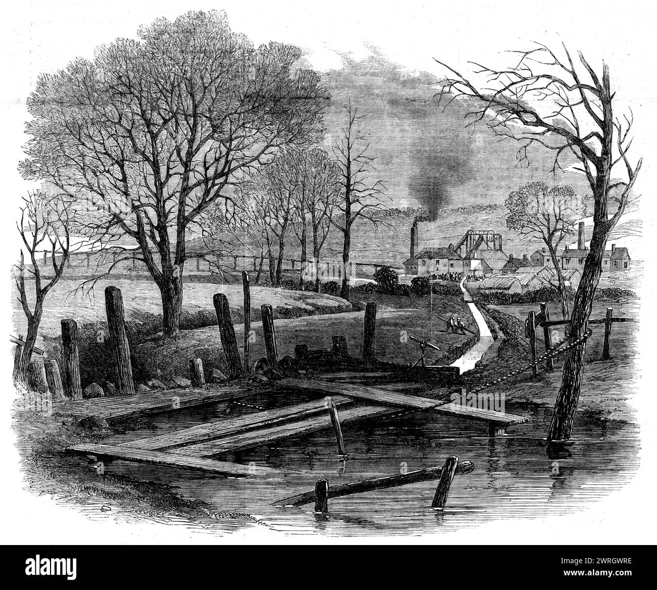 Die tödliche Explosion in St. Edmund's Main Colliery, Barnsley: Graben, der zum Dearne und zum Dove Canal geschnitten wurde, um die Grube zu überschwemmen, 1862. "Der letzte der siebzehn geretteten Personen wurde am Nachmittag von Dienstag zwei Wochen aus der Edmond's Main Colliery hergebracht, und die Besitzer sahen, dass es hoffnungslos war, noch mehr zu retten, berieten sich mehrere Bergbauingenieure, und auf ihren Rat hin wurden einige Männer dazu gebracht, einen Graben zu schneiden... das war eine mühsame Aufgabe, da der Schnitt 14 Fuß tief sein musste, und ein Großteil davon durch Felsen; außerdem bedeutete es den Verlust von Stockfoto