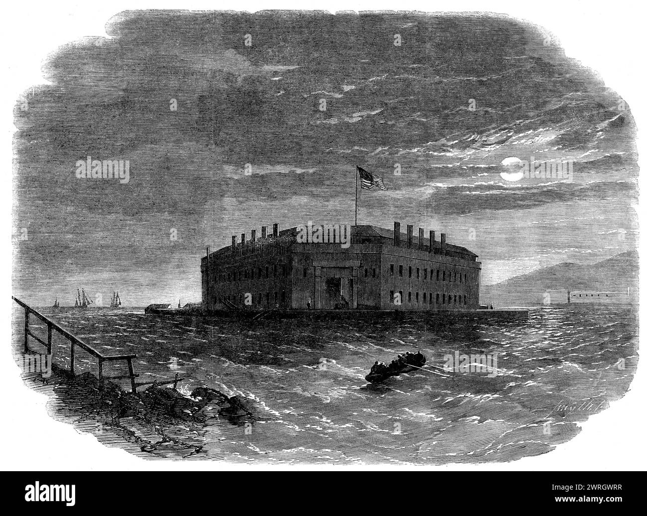 The war in America: Fort Lafayette, die Federal Bastille für politische Gefangene, 1862. "Der amerikanische Reisende, der in den schönen Hafen von New York kommt, wird rechts beim Durchqueren des Kanals "The Narrows" eine einsame Festung auf einer Insel beobachten, die sich in einiger Entfernung vom Ufer befindet... unsere Gravur wird aus dem Wasser genommen, in der Nähe von Staten Island... war Fort Lafayette (wie seine Schwesterfestungen in den Häfen von Boston und Baltimore) in den letzten 15 Monaten mit politischen Gefangenen gefüllt... am 27. November, wenig mehr als drei Wochen nach den Triumphe o Stockfoto